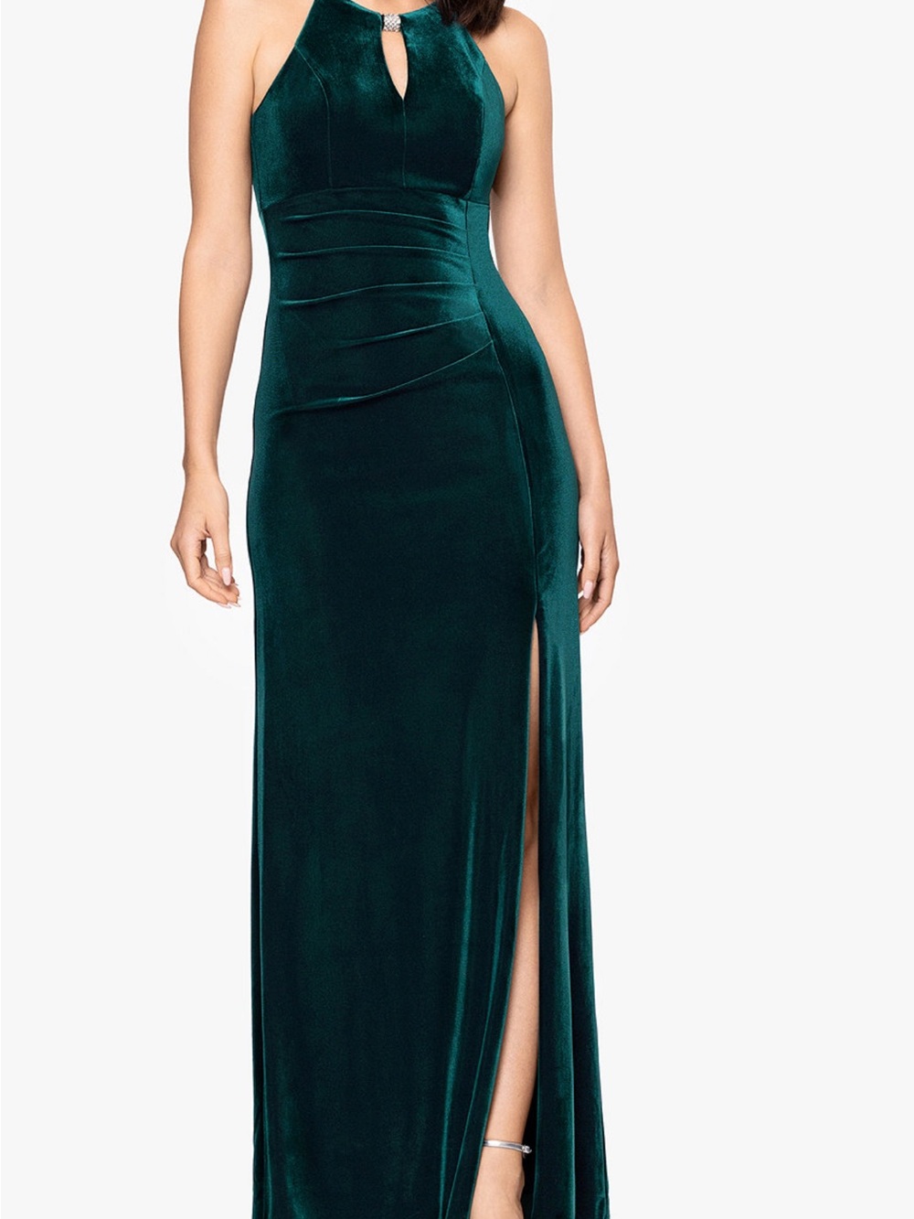 Betsy & Adam Emerald Green Strapless Velvet Evening Gown